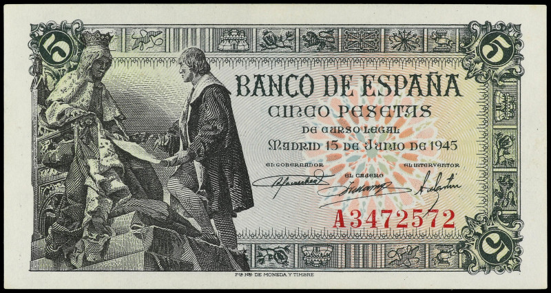 SPANISH BANK NOTES: ESTADO ESPAÑOL

5 Pesetas. 15 Junio 1945. Capitulaciones d...