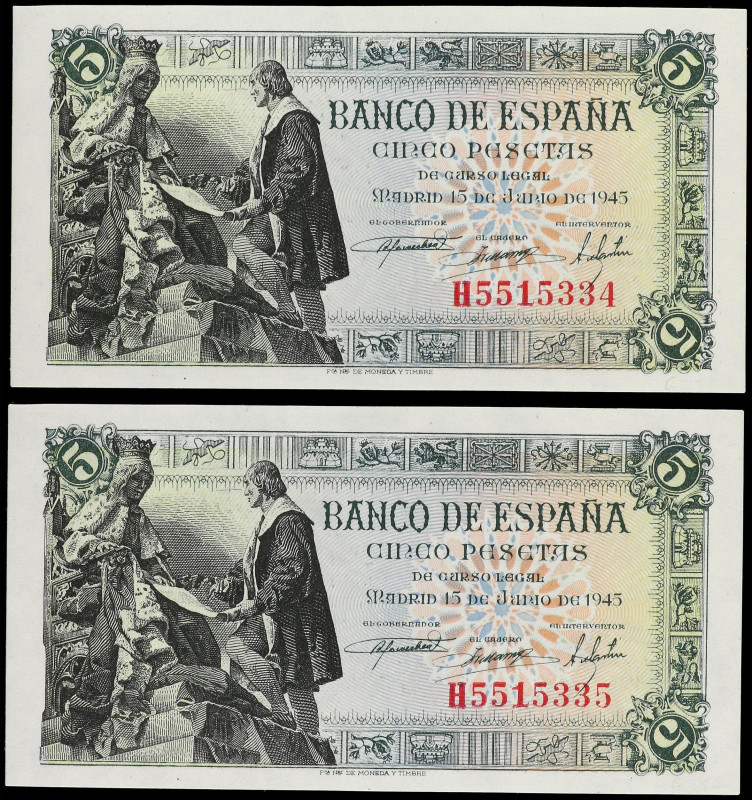 SPANISH BANK NOTES: ESTADO ESPAÑOL

Lote 2 billetes 5 Pesetas. 15 Junio 1945. ...