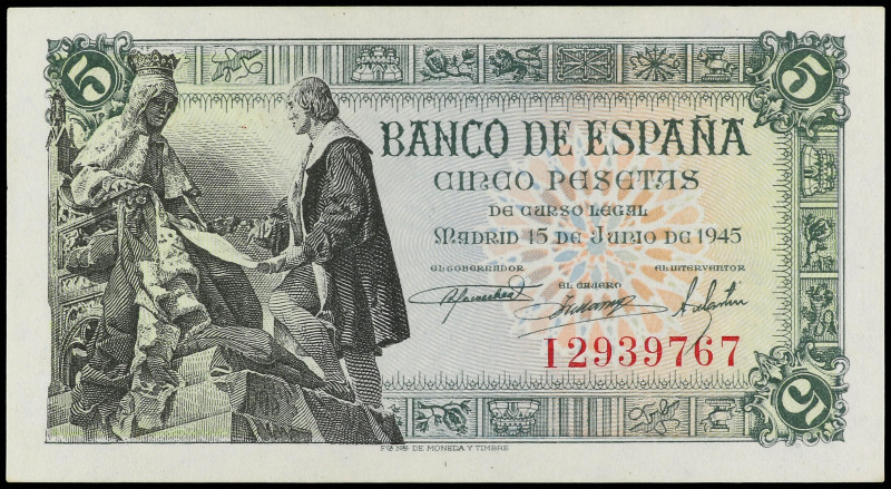 SPANISH BANK NOTES: ESTADO ESPAÑOL

5 Pesetas. 15 Junio 1945. Capitulaciones d...