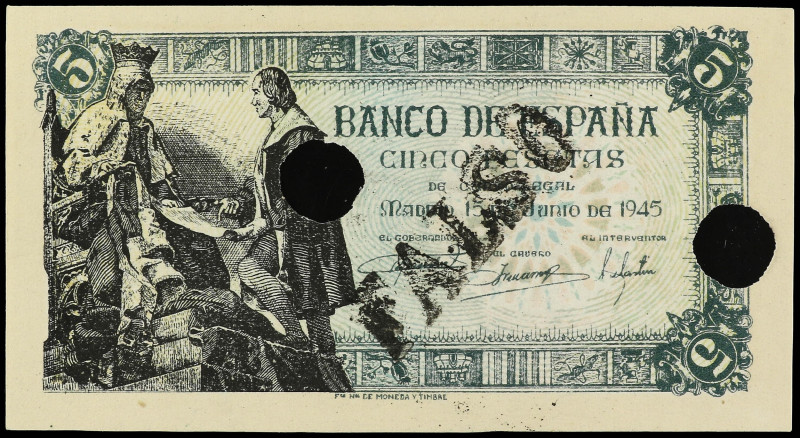 SPANISH BANK NOTES: ESTADO ESPAÑOL

5 Pesetas. 15 Junio 1945. Capitulaciones d...