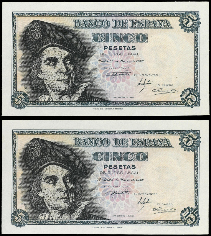 SPANISH BANK NOTES: ESTADO ESPAÑOL

Lote 2 billetes 5 Pesetas. 5 Marzo 1948. E...