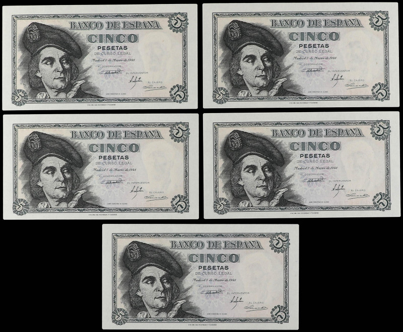 SPANISH BANK NOTES: ESTADO ESPAÑOL

Lote 5 billetes 5 Pesetas. 5 Marzo 1948. E...