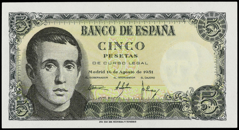 SPANISH BANK NOTES: ESTADO ESPAÑOL

5 Pesetas. 16 Agosto 1951. Balmes. Sin ser...