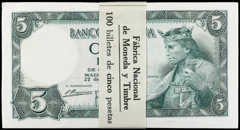 SPANISH BANK NOTES: ESTADO ESPAÑOL

Lote 100 billetes 5 Pesetas. 22 Julio 1954...