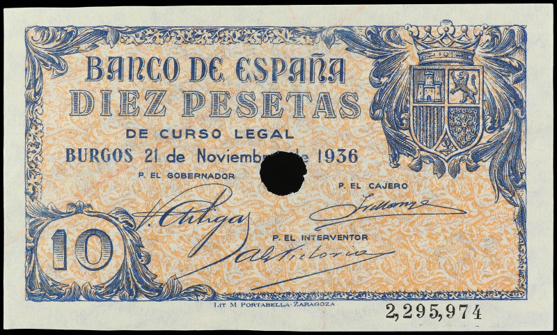 SPANISH BANK NOTES: ESTADO ESPAÑOL

10 Pesetas. 21 Noviembre 1936. Con taladro...