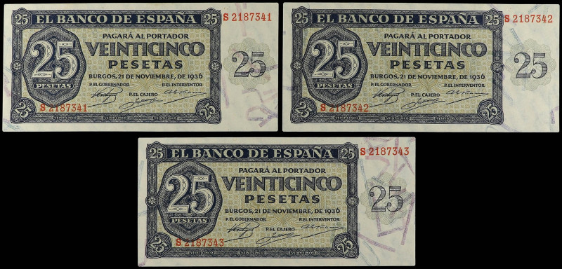 SPANISH BANK NOTES: ESTADO ESPAÑOL

Lote 3 billetes 25 Pesetas. 21 Noviembre 1...