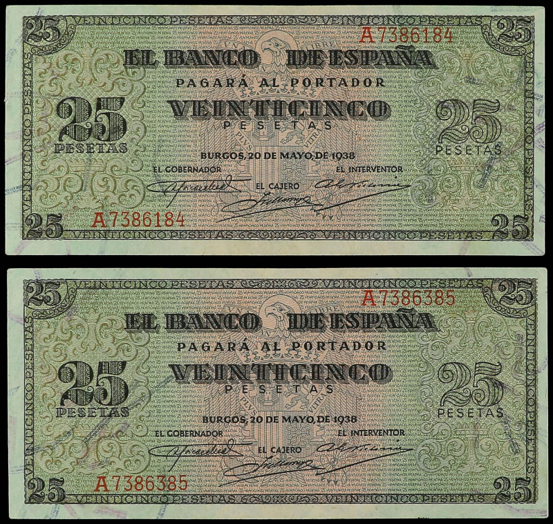 SPANISH BANK NOTES: ESTADO ESPAÑOL

Lote 2 billetes 25 Pesetas. 20 Mayo 1938. ...