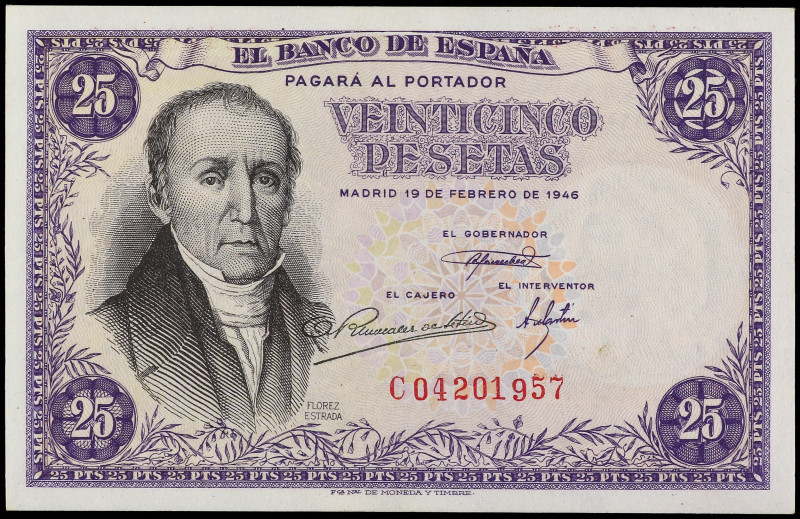 SPANISH BANK NOTES: ESTADO ESPAÑOL

25 Pesetas. 19 Febrero 1946. Flórez Estrad...