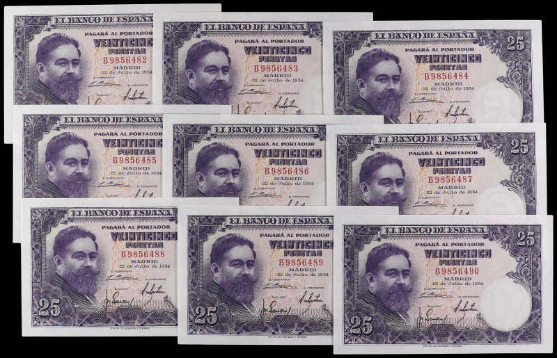 SPANISH BANK NOTES: ESTADO ESPAÑOL

Lote 9 billetes 25 Pesetas. 22 Julio 1954....