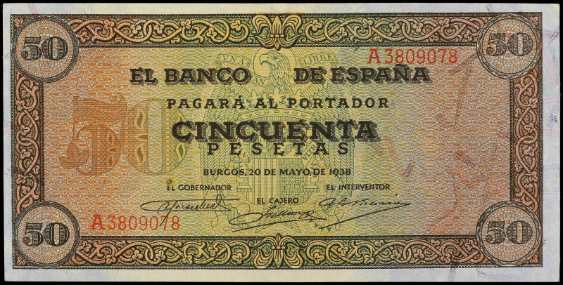 SPANISH BANK NOTES: ESTADO ESPAÑOL

50 Pesetas. 20 Mayo 1938. Castillo de Olit...