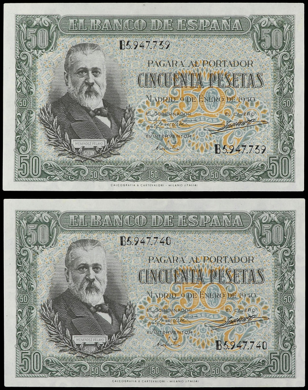 SPANISH BANK NOTES: ESTADO ESPAÑOL

Lote 2 billetes 50 Pesetas. 9 Enero 1940. ...