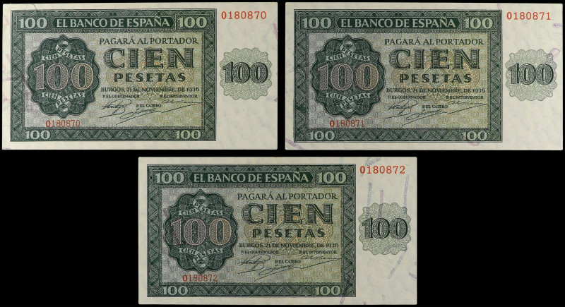 SPANISH BANK NOTES: ESTADO ESPAÑOL

Lote 3 billetes 100 Pesetas. 21 Noviembre ...