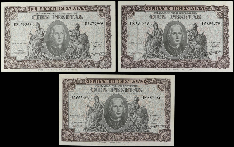 SPANISH BANK NOTES: ESTADO ESPAÑOL

Lote 3 billetes 100 Pesetas. 9 Enero 1940....