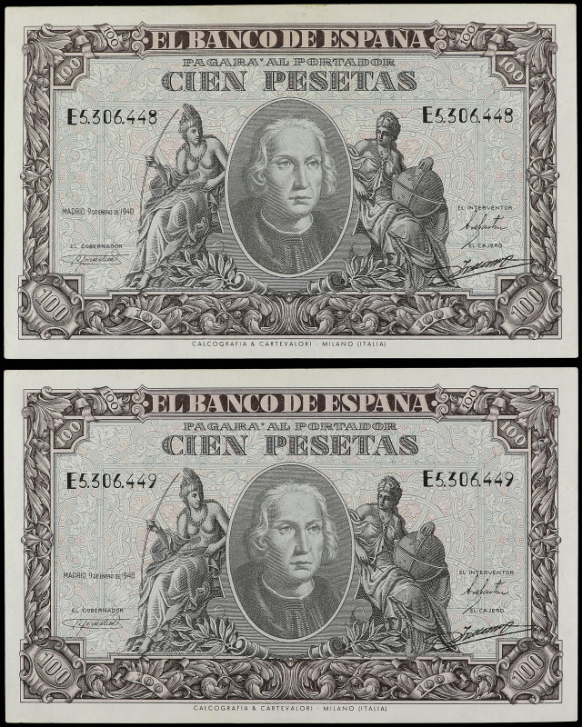 SPANISH BANK NOTES: ESTADO ESPAÑOL

Lote 2 billetes 100 Pesetas. 9 Enero 1940....