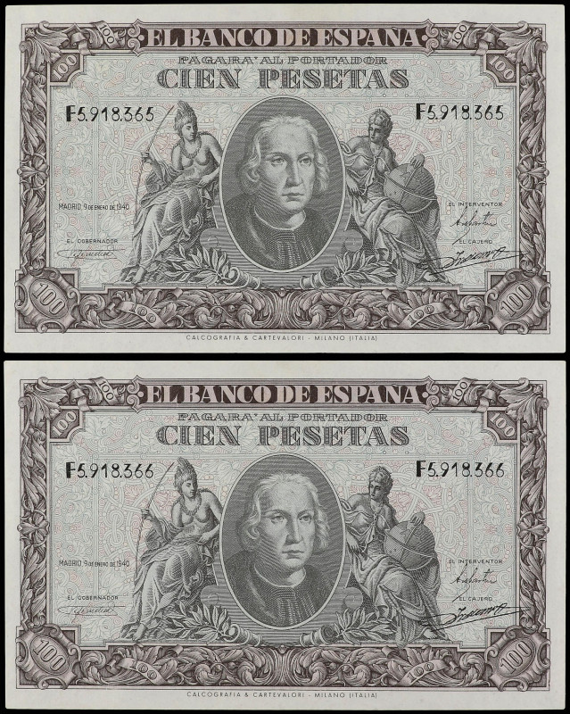 SPANISH BANK NOTES: ESTADO ESPAÑOL

Lote 2 billetes 100 Pesetas. 9 Enero 1940....