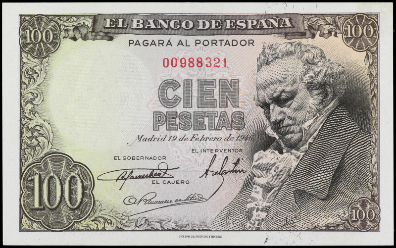 SPANISH BANK NOTES: ESTADO ESPAÑOL

100 Pesetas. 19 Febrero 1946. Goya. Sin Se...