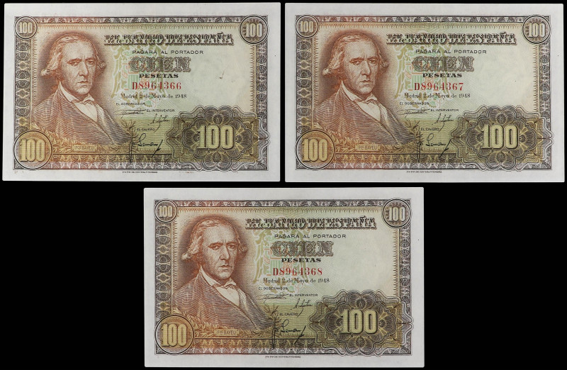 SPANISH BANK NOTES: ESTADO ESPAÑOL

Lote 3 billetes 100 Pesetas. 2 Mayo 1948. ...