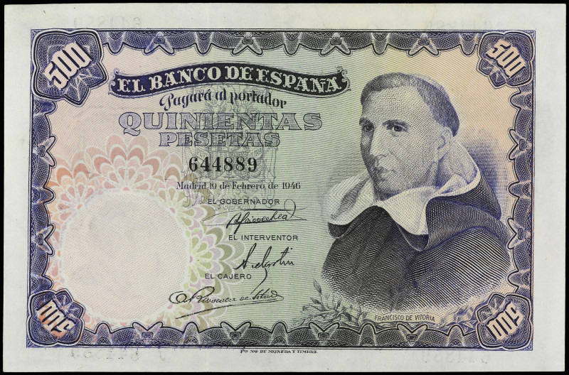 SPANISH BANK NOTES: ESTADO ESPAÑOL

500 Pesetas. 19 Febrero 1946. Francisco de...