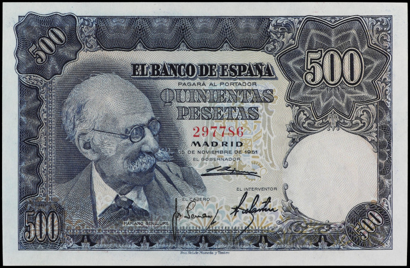 SPANISH BANK NOTES: ESTADO ESPAÑOL

500 Pesetas. 15 Noviembre 1951. Benlliure....