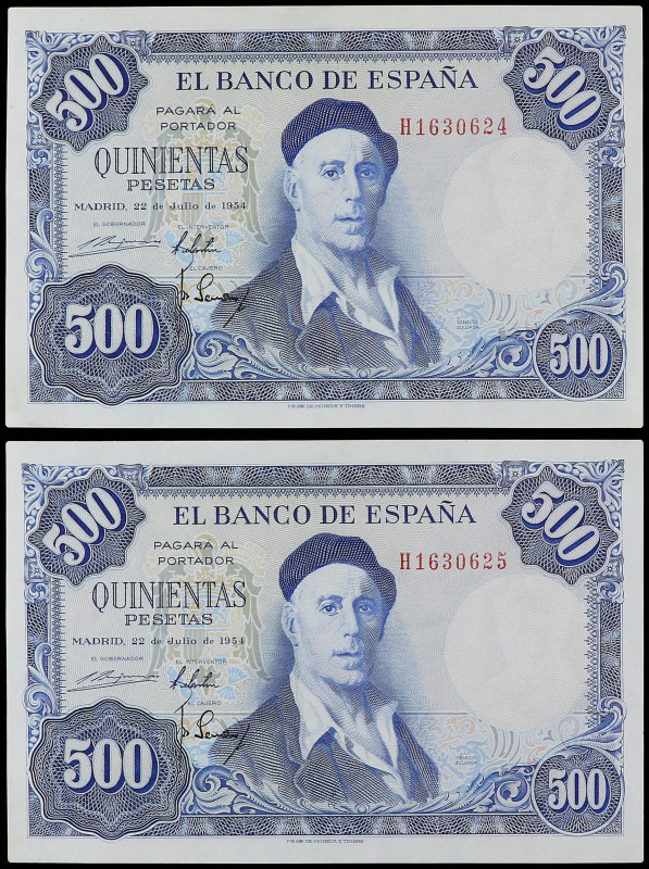 SPANISH BANK NOTES: ESTADO ESPAÑOL

Lote 2 billetes 500 Pesetas. 22 Julio 1954...