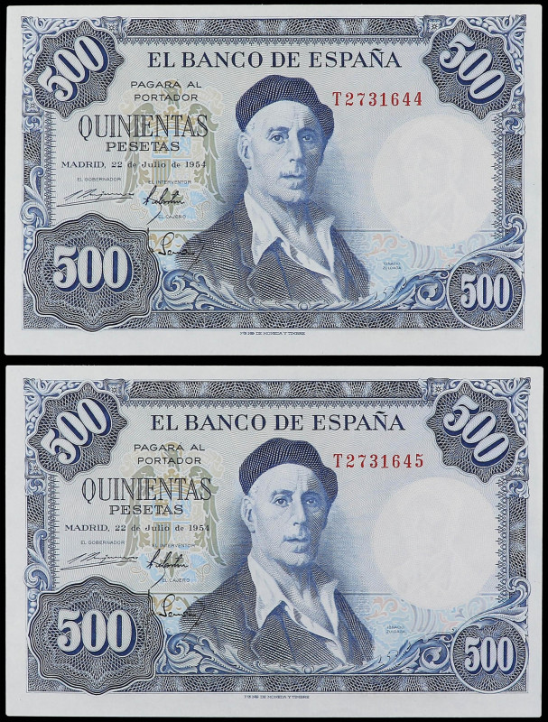 SPANISH BANK NOTES: ESTADO ESPAÑOL

Lote 2 billetes 500 Pesetas. 22 Julio 1954...