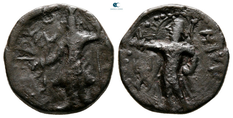 Kushan Empire. Kanishka I AD 127-152. 
Drachm Æ

18 mm, 4,46 g



Nearly ...