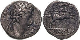 Roman Empire Augustus 8 BC Silver Denarius Very Fine; toned with blue iridescence on obv