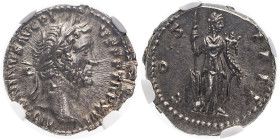 Roman Empire Antoninus Pius AD 152-153 Silver Denarius NGC MS