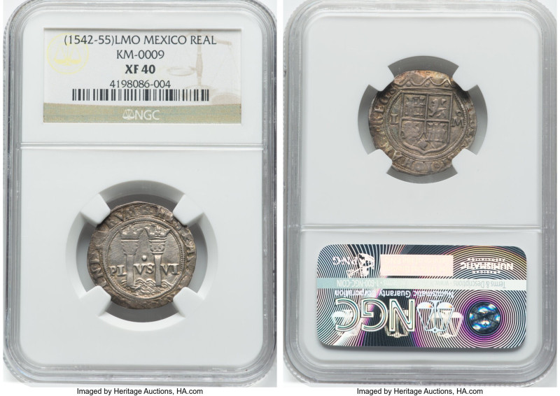 Charles & Johanna "Late Series" Real ND (1542-1555) L-Mo XF40 NGC, Mexico City m...