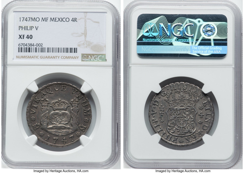 Philip V 4 Reales 1747 Mo-MF XF40 NGC, Mexico City mint, KM94, Cal-1122. A prize...