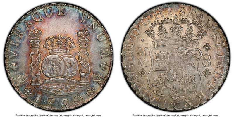 Charles III 8 Reales 1760 Mo-MM AU58 PCGS, Mexico City mint, KM105, Cal-1072. An...