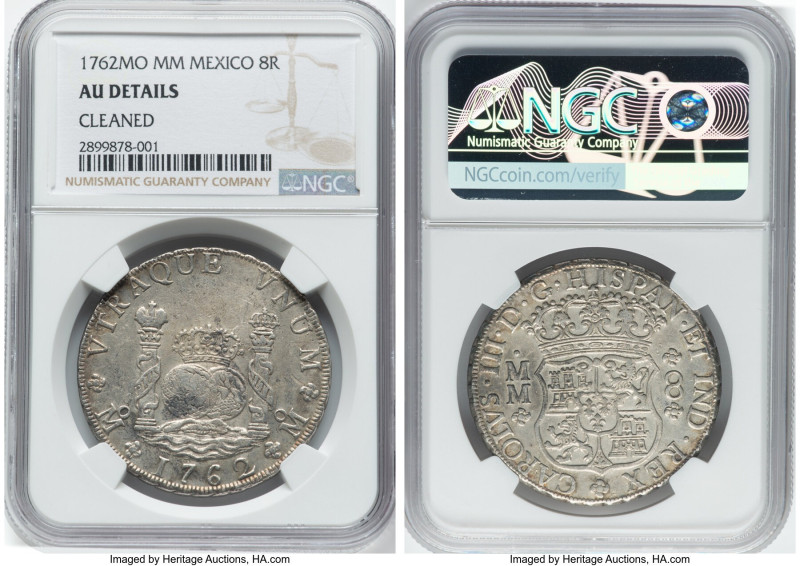 Charles III 8 Reales 1762 Mo-MM AU Details (Cleaned) NGC, Mexico City mint, KM10...