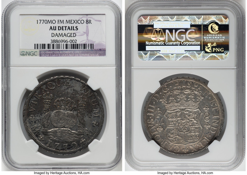 Charles III 8 Reales 1770 Mo-FM AU Details (Damaged) NGC, Mexico City mint, KM10...
