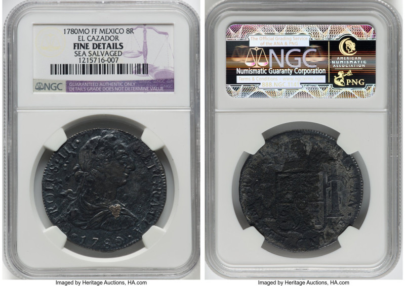 Charles III "El Cazador" 8 Reales 1780 Mo-FF Fine Details (Sea Salvaged) NGC, Me...
