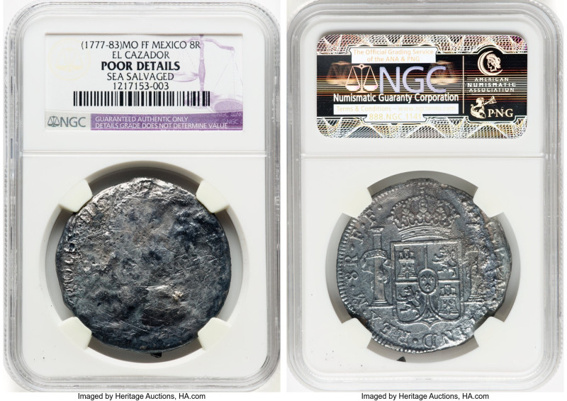 Charles III 3-Piece Lot of Certified "El Cazador" 8 Reales Poor Details (Sea Sal...