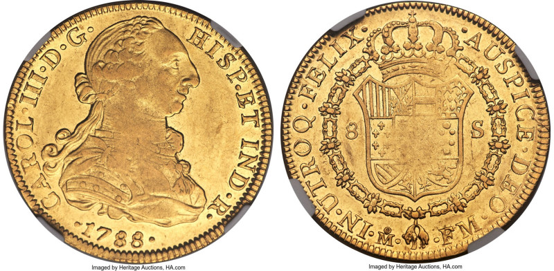 Charles III gold 8 Escudos 1788 Mo-FM AU50 NGC, Mexico City mint, KM156.1a, Cali...