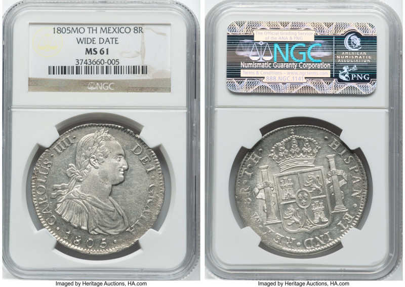 Charles IV 8 Reales 1805 Mo-TH MS61 NGC, Mexico City mint, KM109, Calico-983. Wi...