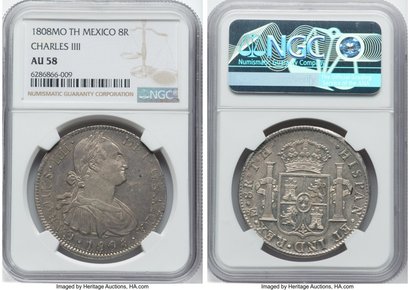 Charles IV 8 Reales 1808 Mo-TH AU58 NGC, Mexico City mint, KM109. Charles IIII v...