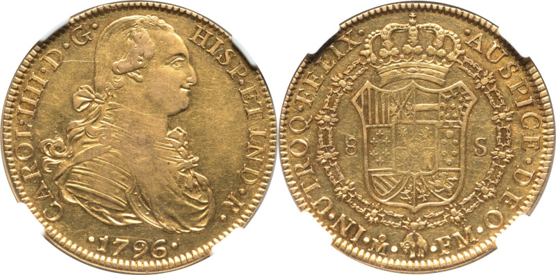 Charles IV gold 8 Escudos 1796/5 Mo-FM AU53 NGC, Mexico City mint, KM159, Fr-43....