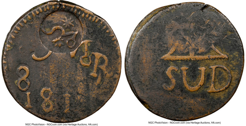 Oaxaca. War of Independence "Morelos" Counterstamped copper "Sud" 8 Reales 1812 ...