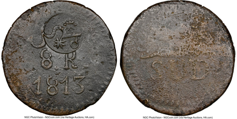 Oaxaca. War of Independence "Morelos" Counterstamped copper "Sud" 8 Reales 1813 ...