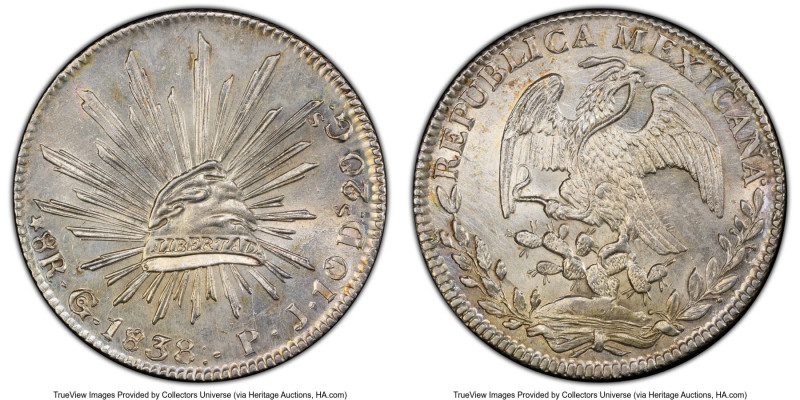 Republic 8 Reales 1838 Go-PJ UNC Details (Cleaning) PCGS, Guanajuato mint, KM377...