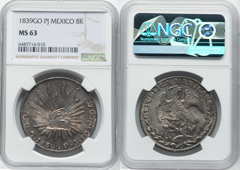 Republic 8 Reales 1839 Go-PJ MS63 NGC, Guanajuato mint, KM377.8, DP-Go21. A toug...