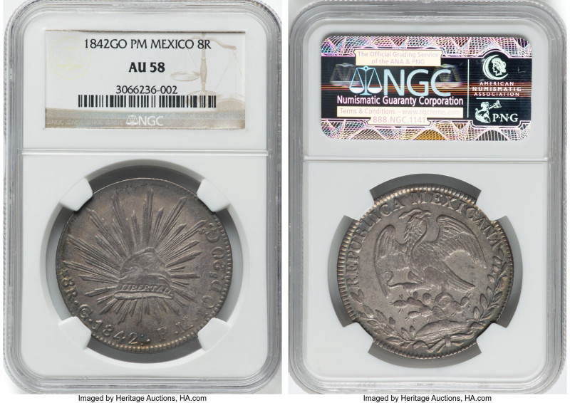 Republic 8 Reales 1842 Go-PM AU58 NGC, Guanajuato mint, KM377.8, DP-Go25. An exe...