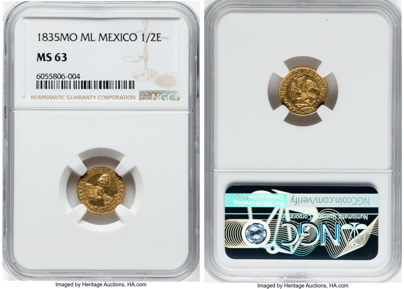 Republic gold 1/2 Escudo 1835 Mo-ML MS63 NGC, Mexico City mint, KM378.5. An unex...