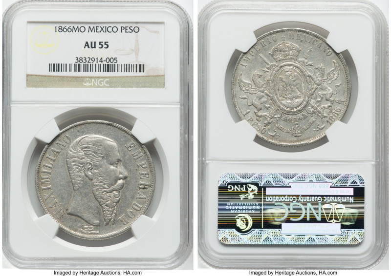 Maximilian Peso 1866-Mo AU55 NGC, Mexico City mint, KM388.1. Accompanied by coll...