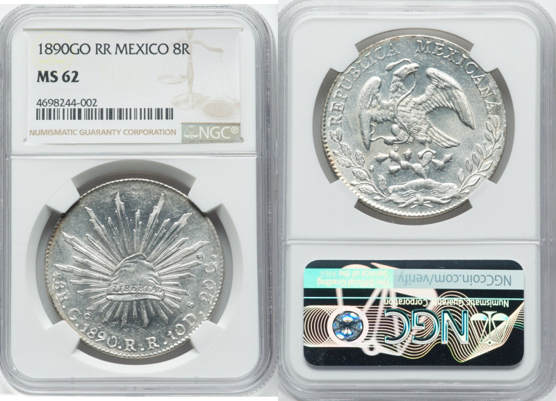 Republic 8 Reales 1890 Go-RR MS62 NGC, Guanajuato mint, KM377.8, DP-Go73. HID098...