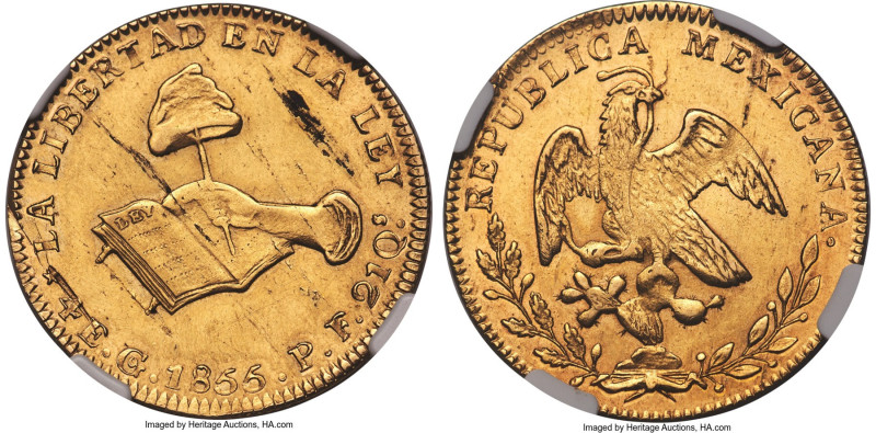 Republic gold 4 Escudos 1855 Go-PF AU55 NGC, Guanajuato mint, KM381.4, Fr-83. A ...