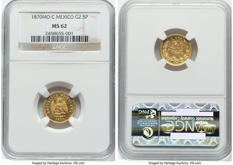 Republic gold 2-1/2 Pesos 1870 Mo-C MS62 NGC, Mexico City mint, KM411.5. Mintage...