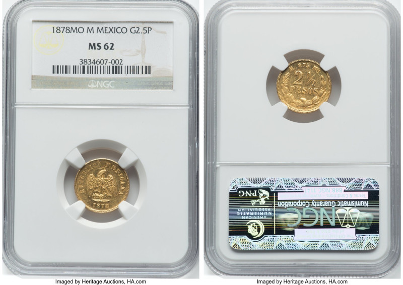 Republic gold 2-1/2 Pesos 1878 Mo-M MS62 NGC, Mexico City mint, KM411.5. Mintage...